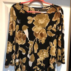 Delicate, Feminine Flora Blouse Beige/Black Bell Sleeve Boat Neckline Size Large